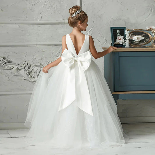 Girls Long White Formal Dress with Big Bow