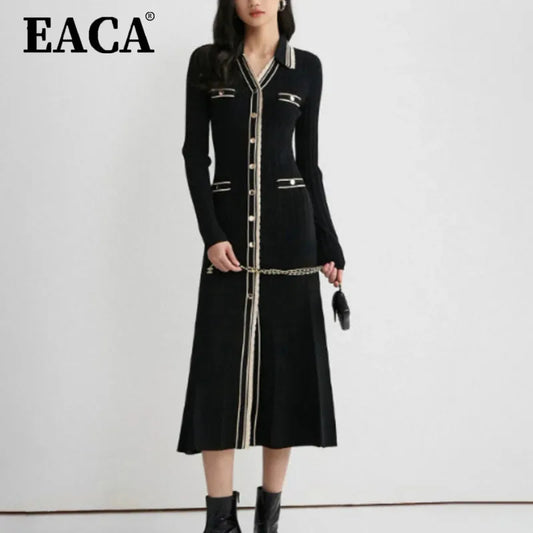 EACA Contrast Trim V-Neck Knit Long Dress